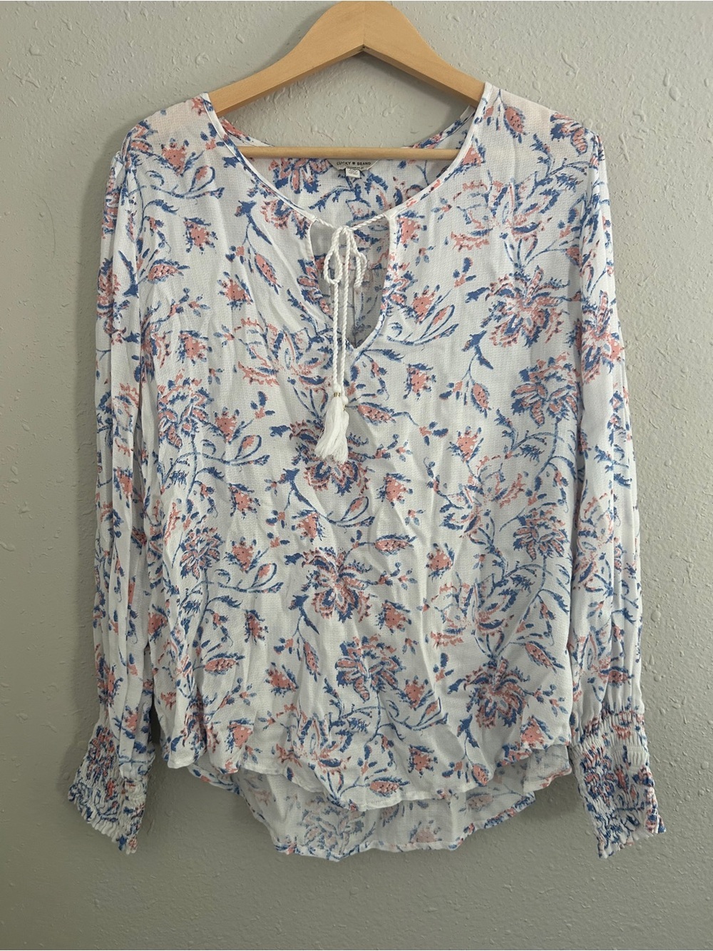 Lucky Brand White Floral Tie-Front Peasant Blouse Floral Boho Bohemian Large